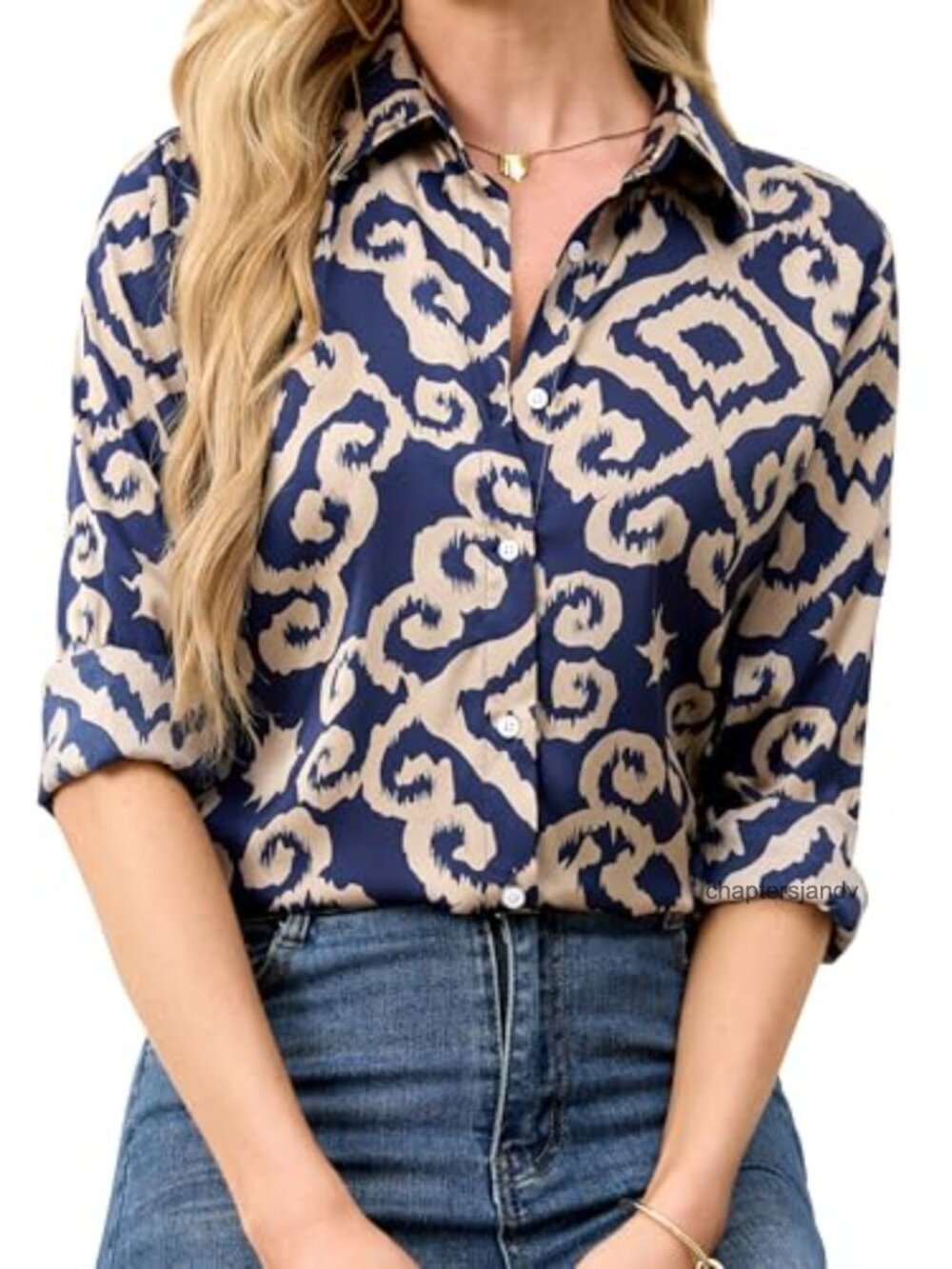 Wrinkle-Resistant Silky Women's Printed Button Down Long Sleeve Business Casual